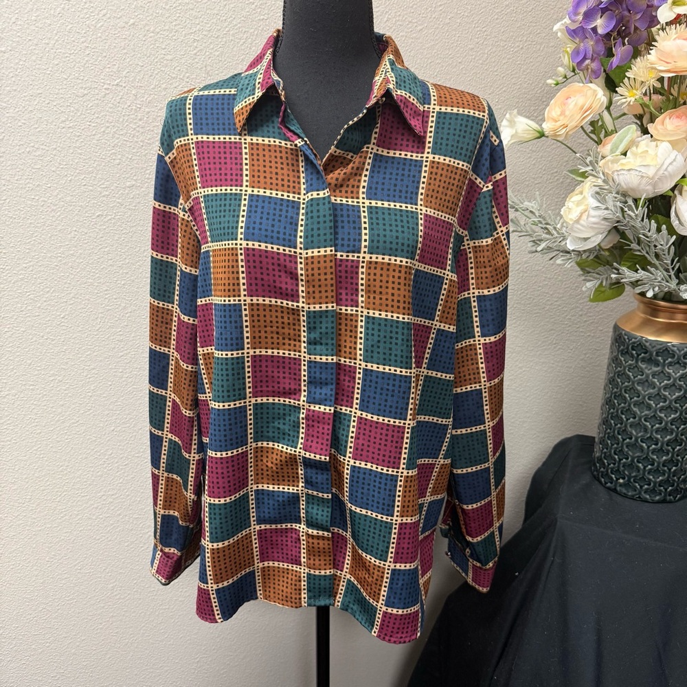 Alfred Dunner Vintage Geo Print Button Blouse Sz 14